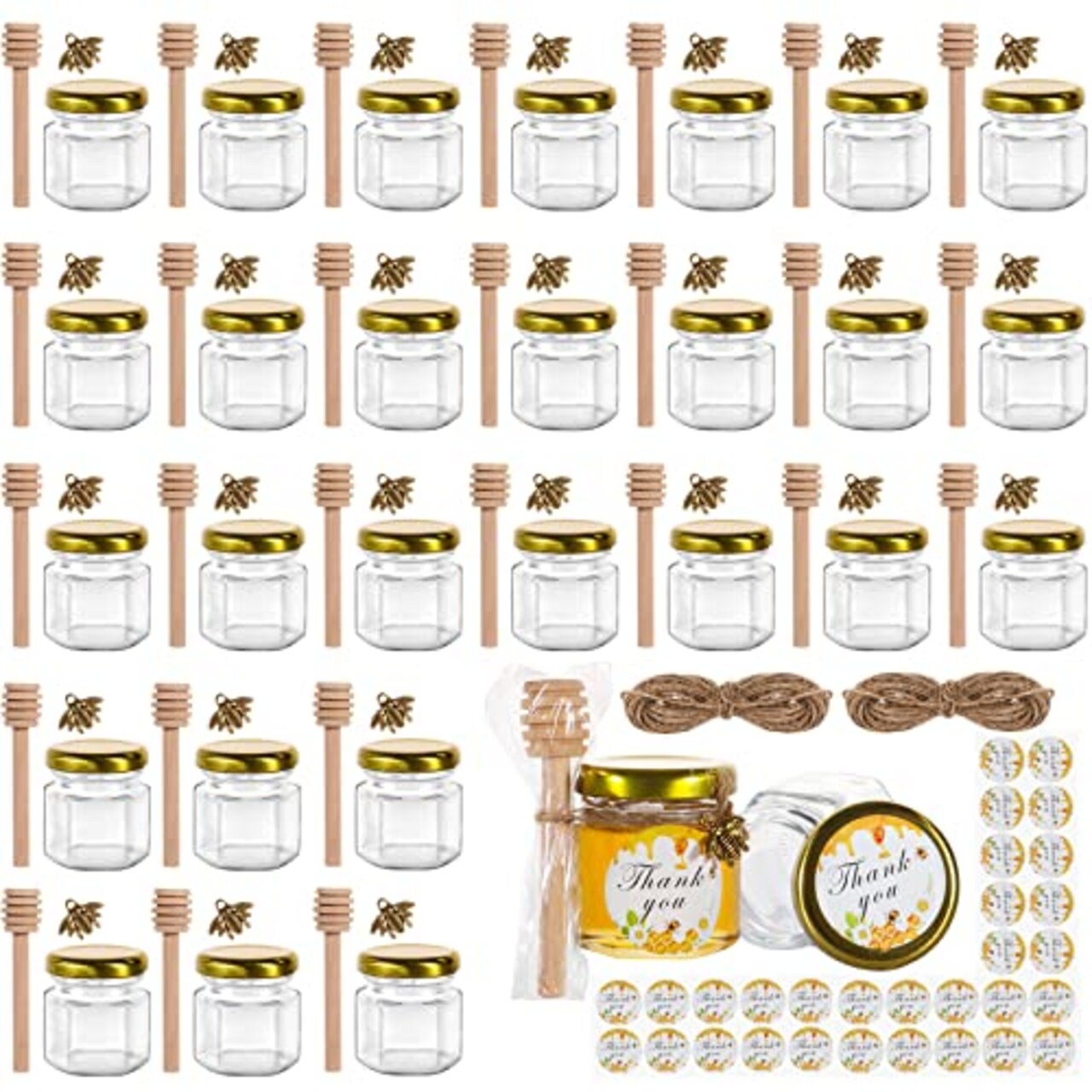 1.5 oz Hexagon Mini Glass Honey Jars with Wood Dippers,30 Pack Small Honey Jars with Gold Lids,Bee Pendants,Jutes,35 Bee Stickers,Perfect for Baby Shower,Wedding Favors,Party Favors